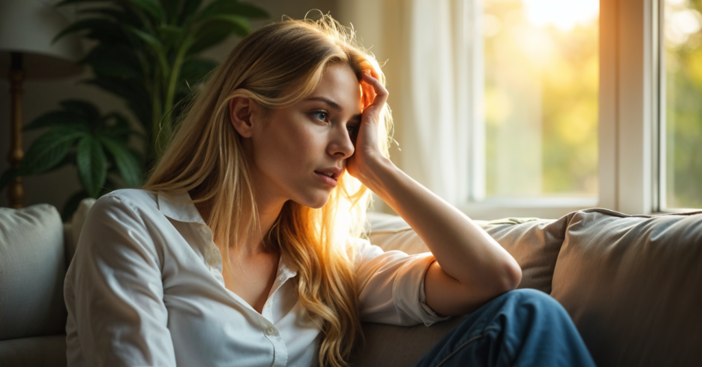 Junge Frau mit nachdenklichem Gesichtsausdruck auf der Couch, Ursachen von Stress im Alltag