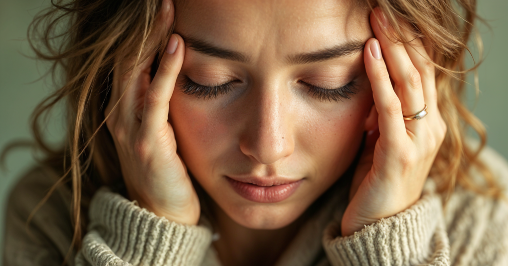 Nachdenkliche Frau hält ihre Schläfen – Symbol für Stress Symptome und psychische Belastung.