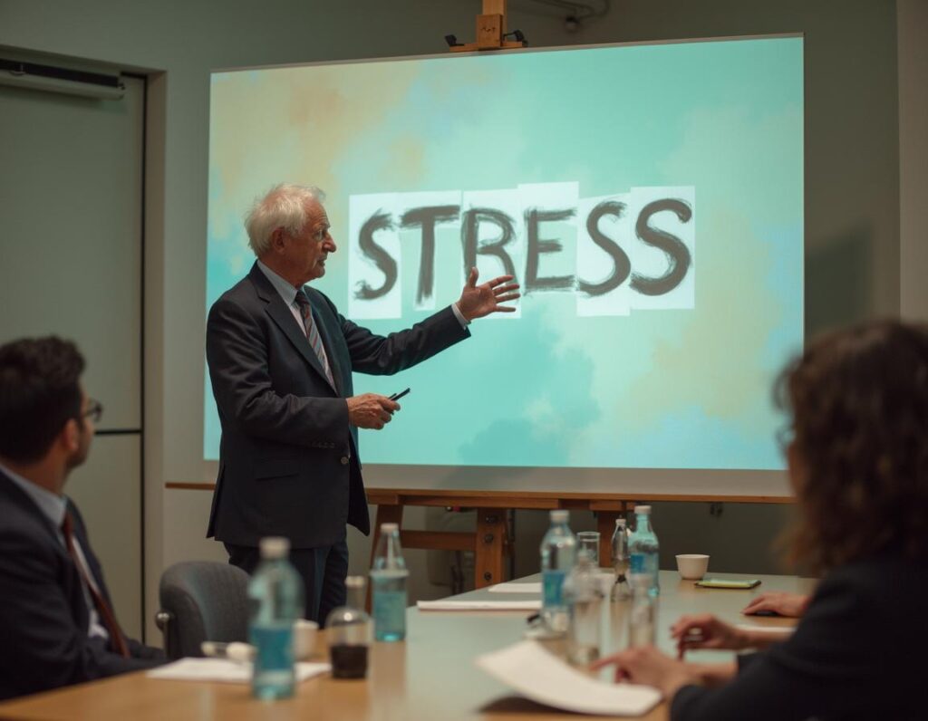 Präsentation über Stress – Das 4-Phasen-Modell der Stressreaktion Älterer Mann präsentiert das 4-Phasen-Modell der Stressreaktion im Meeting