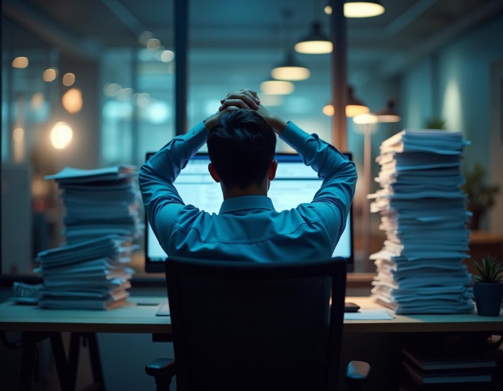 Ursachen von Stress am Arbeitsplatz – Stressfaktoren und Überlastung im Alltag Gestresster Mann am Schreibtisch mit Papierstapeln – Ursachen von Stress im Arbeitsalltag