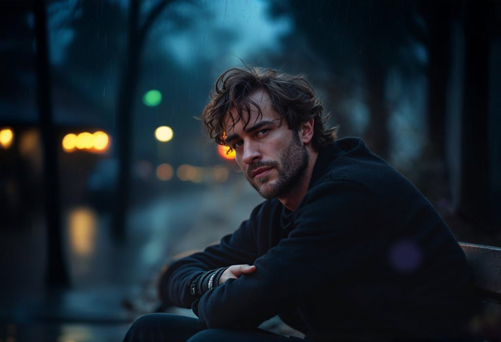 Mann sitzt im Freien bei Dämmerung, melancholische Stimmung – Darstellung psychischer Stresssymptome und Depression