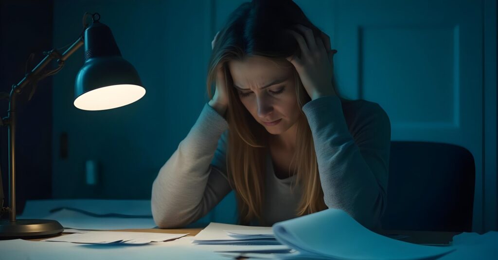 Gestresste Frau am Schreibtisch – Symbol für chronischen Stress und Belastung.