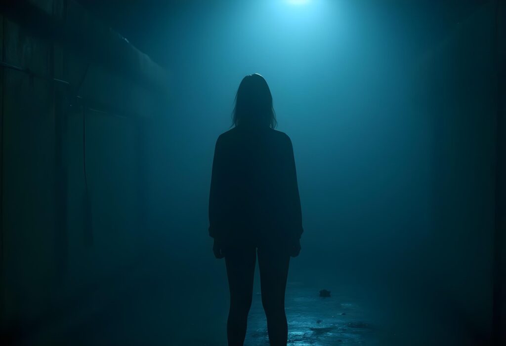 Chronischer Stress: Dunkle Folgen für Körper und Geist. Person im dunklen Raum, Symbol für die negativen Folgen von chronischem Stress.