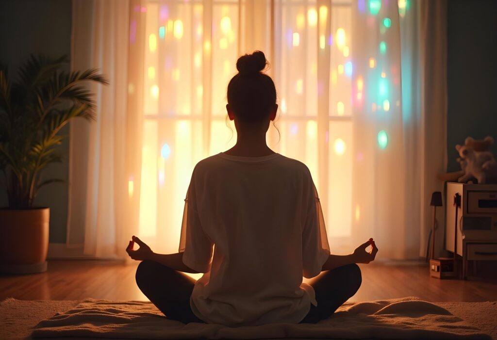 Stressbewältigung: Meditation als Soforthilfe und langfristige Strategie. Frau meditiert bei Sonnenaufgang in einem ruhigen Raum – Symbol für Stressbewältigung.
