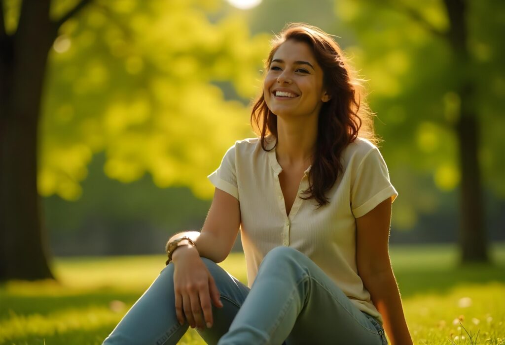 Langfristige Stressbewältigung: Gelassenheit im Alltag Eine entspannte Frau sitzt lächelnd im Grünen und genießt die Ruhe – symbolisiert langfristige Stressbewältigung und Gelassenheit im Alltag.