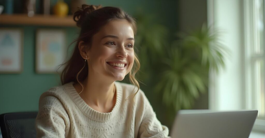 Frau lächelt entspannt vor Laptop, symbolisiert Stressbewältigung und Stressabbau.