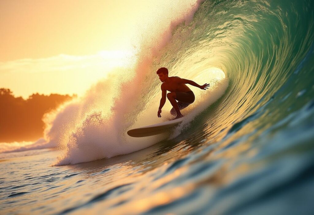 Stressbewältigung: Die Wellen des Stresses meistern Surfer reitet eine große Welle bei Sonnenuntergang, symbolisiert Stressbewältigung und den Umgang mit Stresswellen.