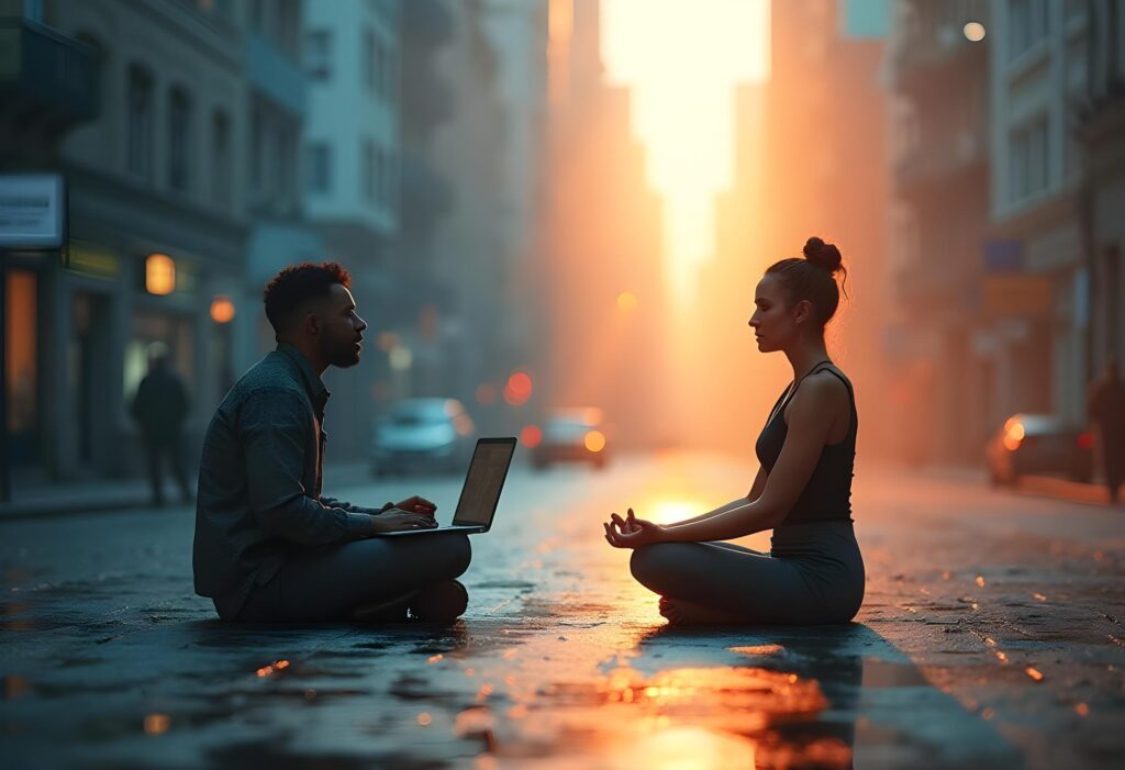 Stresshormone abbauen: Meditation und Balance in hektischer Umgebung. Zwei Menschen sitzen meditierend in der Stadt bei Sonnenaufgang – Symbol für Stressabbau und Balance.