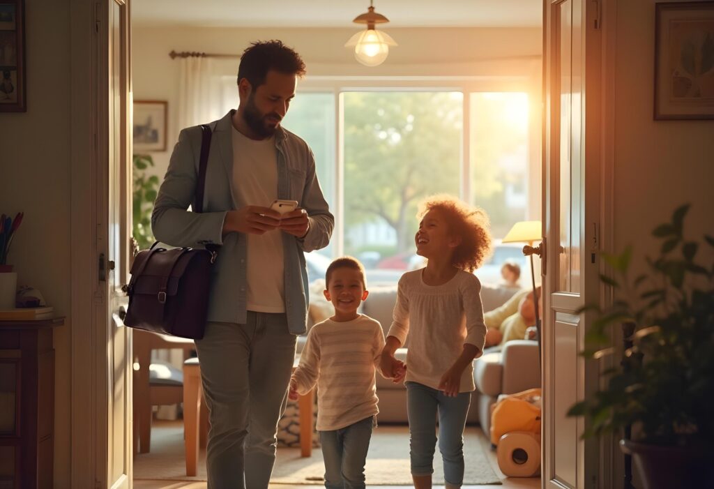 Stress im Familienleben: Vater mit Kindern bei der Rückkehr nach Hause. Vater mit Tasche kommt nach Hause, Kinder stürmen auf ihn zu – stressige Familiensituation.