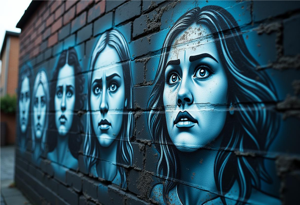 Stressmuster erkennen: Der Weg zur Stressbewältigung Graffiti von Gesichtern, die verschiedene emotionale Zustände zeigen – symbolisiert das Erkennen von Stressmustern und Stressbewältigung