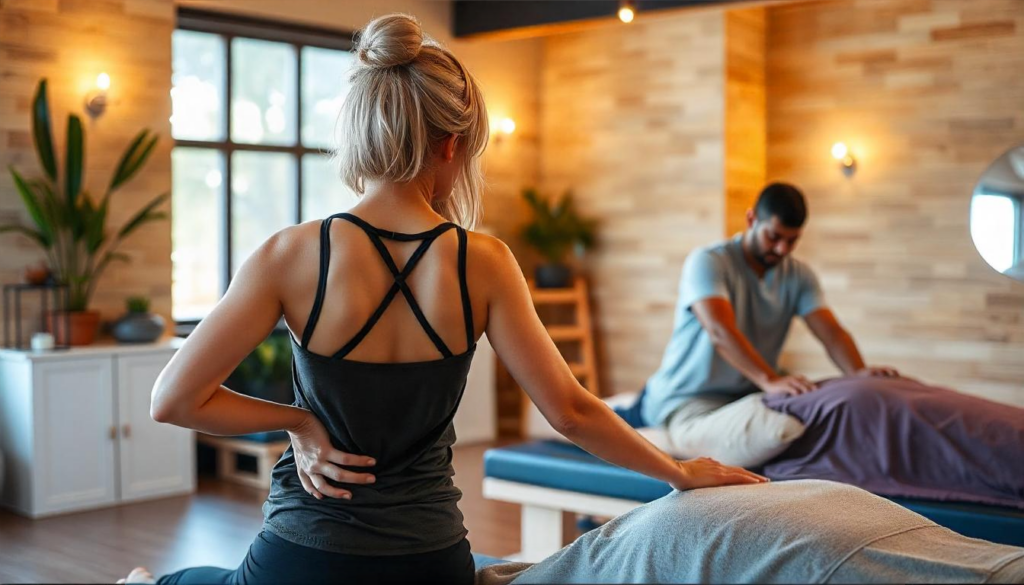 Nachhaltige Lösungen für Rückenverspannungen – Langfristige Entspannung und Erholung Frau mit Rückenschmerzen in einer Therapieumgebung, während ein Therapeut eine Massage durchführt.